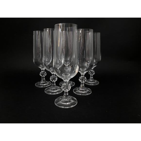 Set of 6 Claudia Crystal Champagne Flutes | 1980s Faceted Ball Stem Glasses - Picture 1 of 5